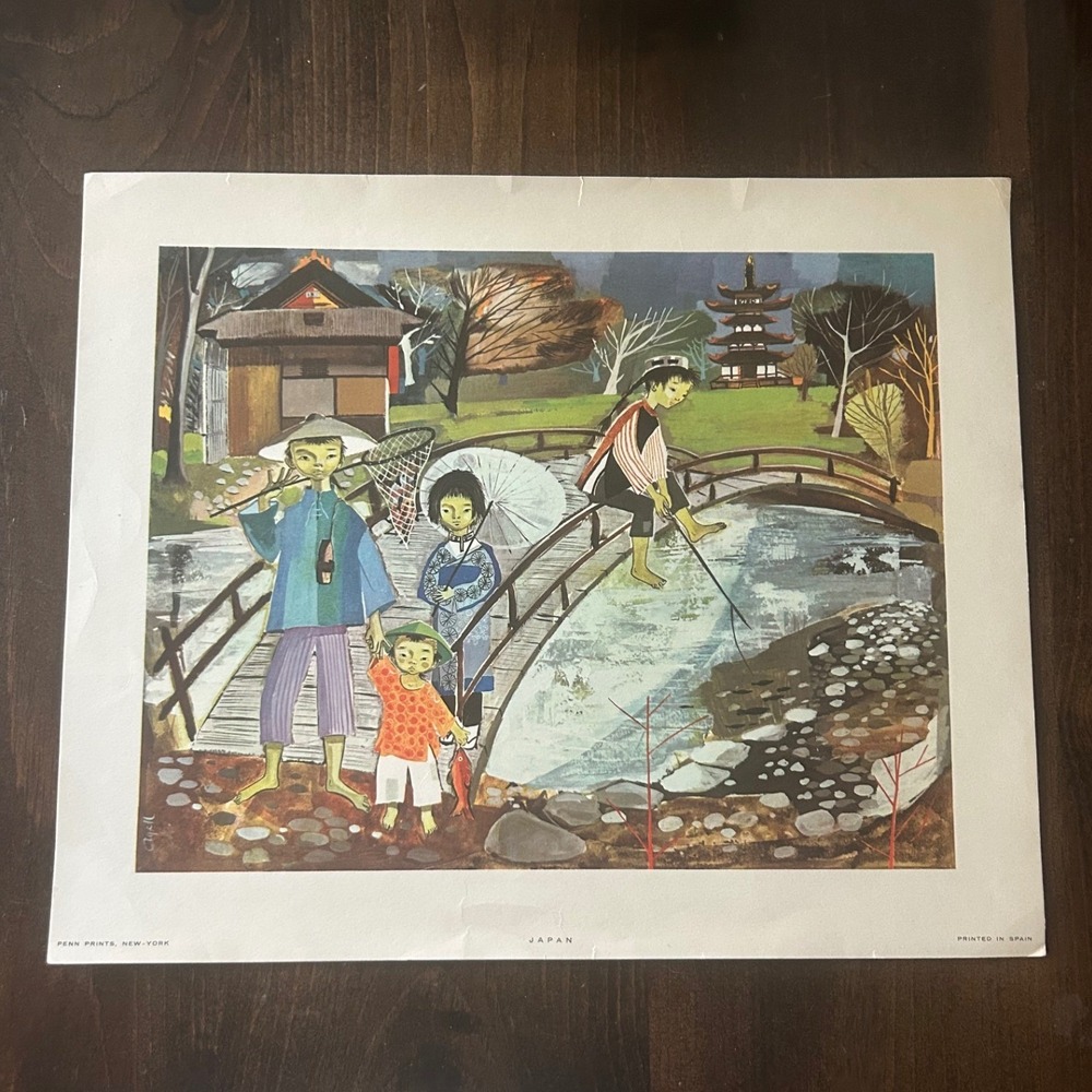 Vintage Penn‎ Prints Japan Folk Art Print MCM Lithograph Made Spain 1950s-1960s